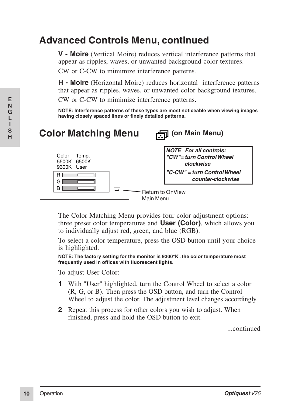 Color matching menu, Advanced controls menu, continued | VIEWSONIC Optiquest V75 User Manual | Page 11 / 18