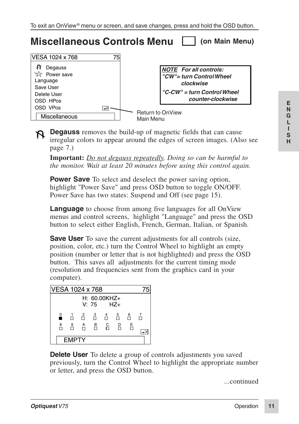 Miscellaneous controls menu, On main menu) | VIEWSONIC Optiquest V75 User Manual | Page 12 / 18