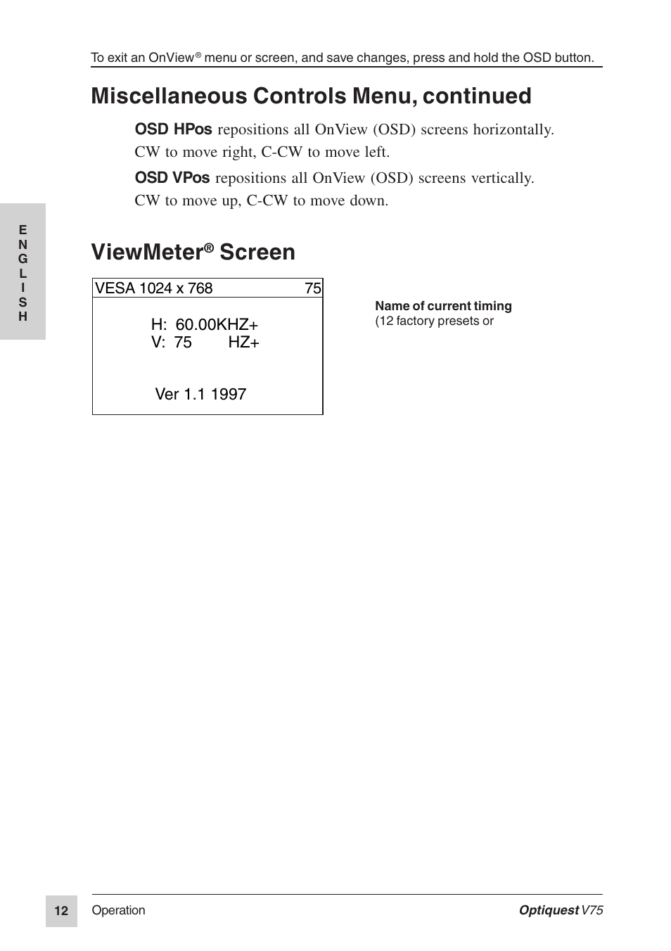 Miscellaneous controls menu, continued, Viewmeter, Screen | VIEWSONIC Optiquest V75 User Manual | Page 13 / 18
