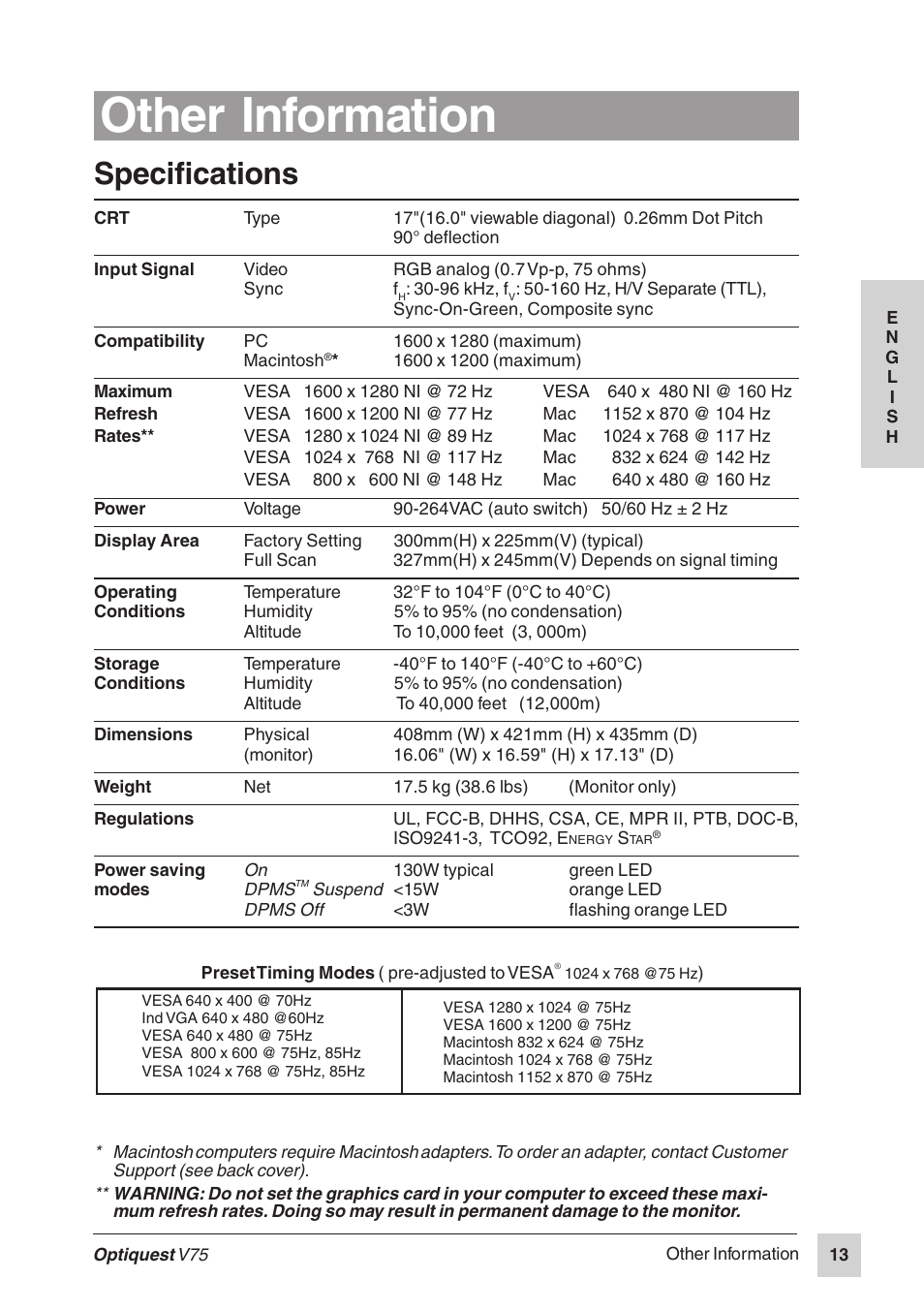Other information, Specifications | VIEWSONIC Optiquest V75 User Manual | Page 14 / 18