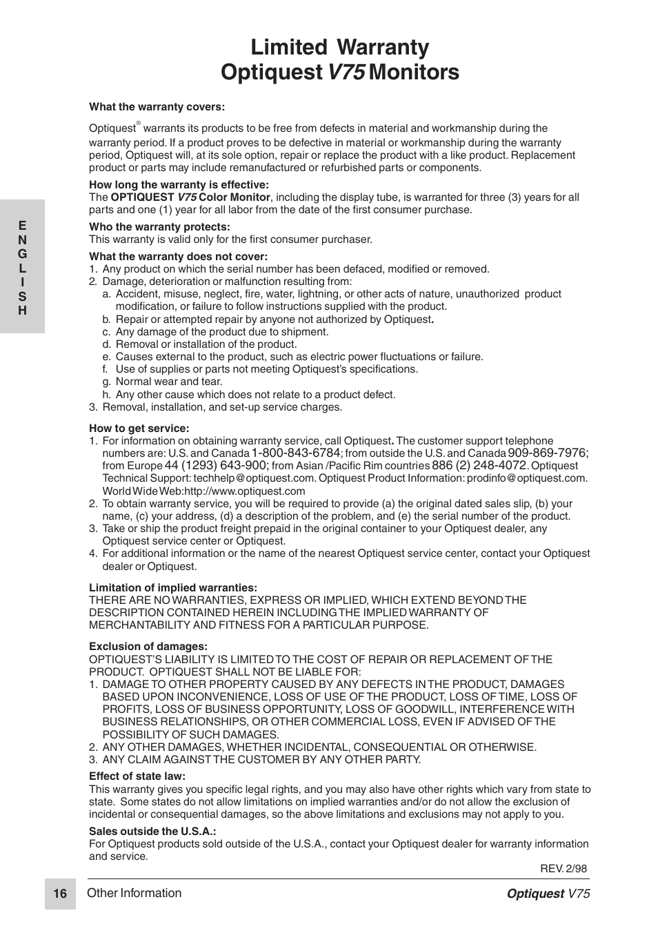 Limited warranty optiquest, Monitors | VIEWSONIC Optiquest V75 User Manual | Page 17 / 18