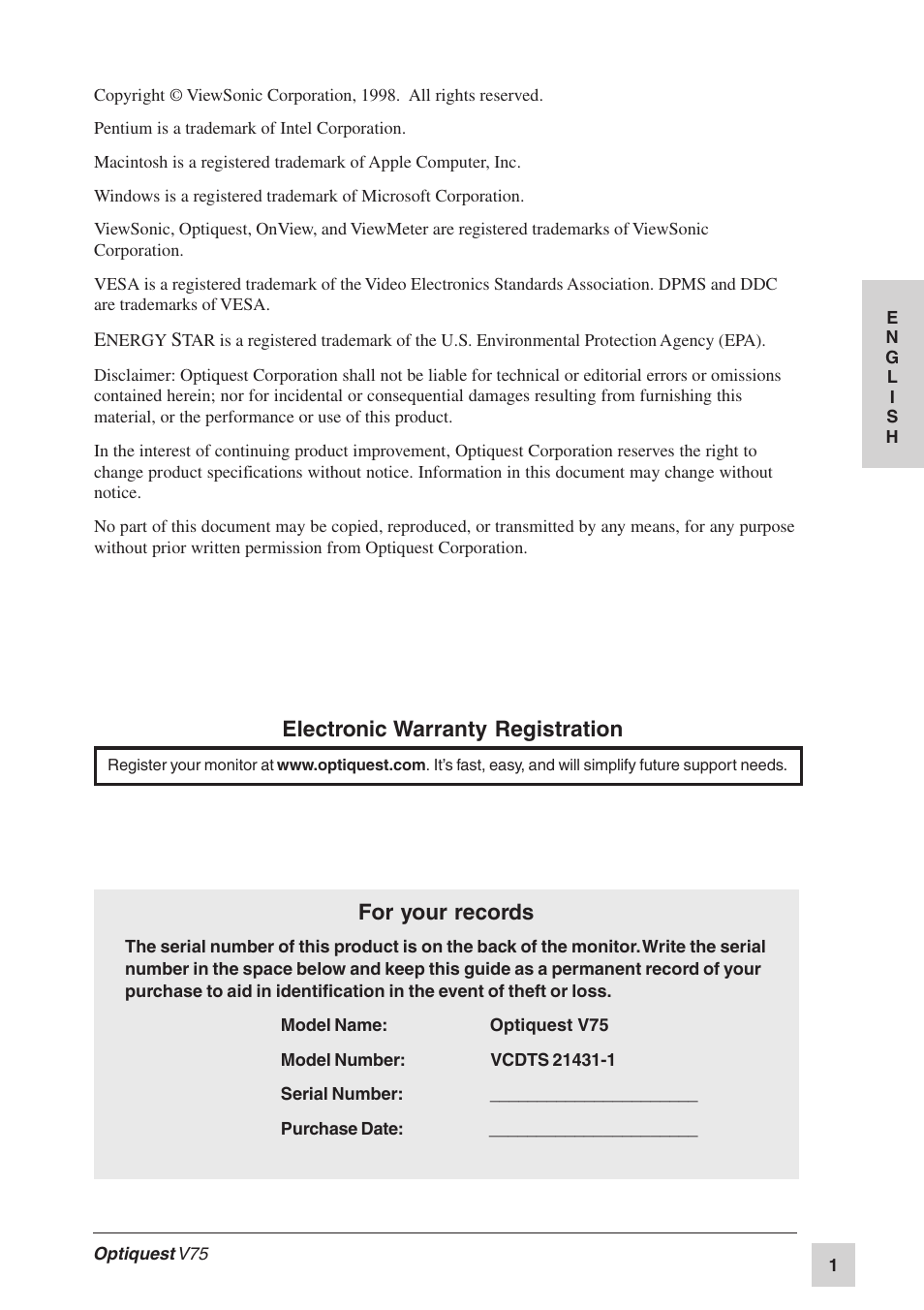 For your records, Electronic warranty registration | VIEWSONIC Optiquest V75 User Manual | Page 2 / 18