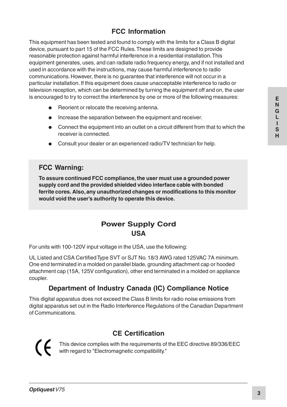 Fcc information, Fcc warning, Power supply cord usa | Ce certification | VIEWSONIC Optiquest V75 User Manual | Page 4 / 18