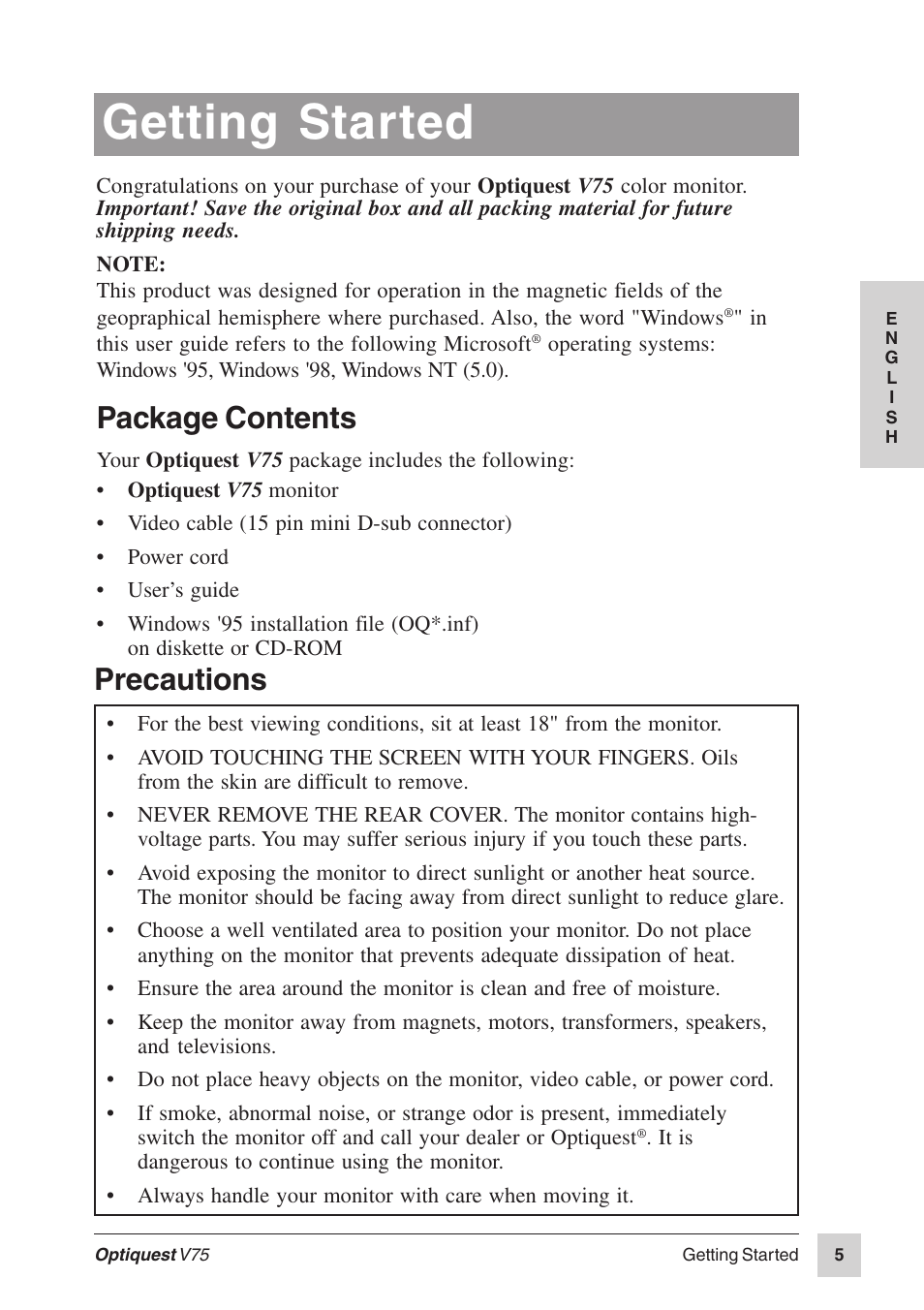 Getting started, Package contents, Precautions | VIEWSONIC Optiquest V75 User Manual | Page 6 / 18