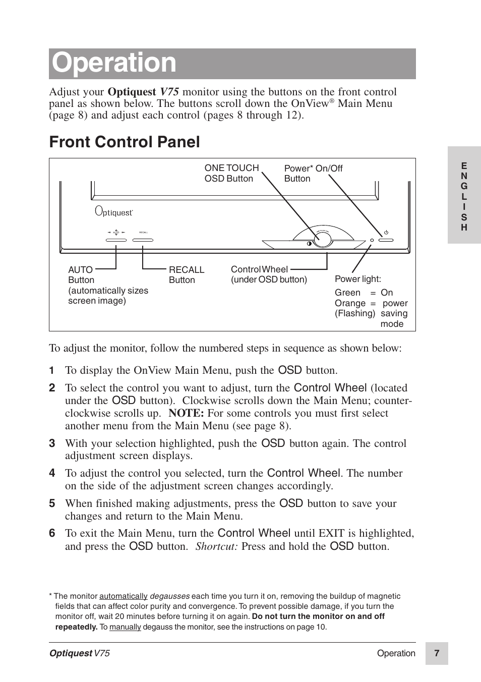 Operation, Front control panel | VIEWSONIC Optiquest V75 User Manual | Page 8 / 18