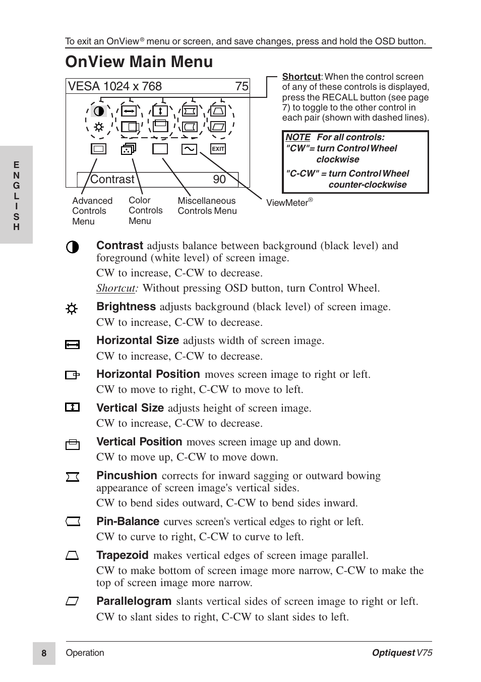 Onview main menu, Contrast 90 | VIEWSONIC Optiquest V75 User Manual | Page 9 / 18
