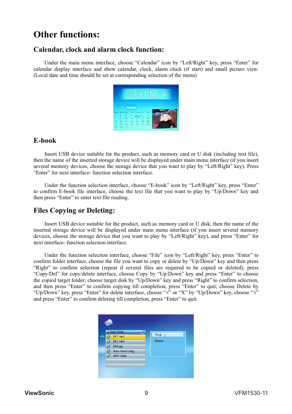 Other functions, Calendar, clock and alarm clock function, E-book | Files copying or deleting | VIEWSONIC VFM1530-11 User Manual | Page 10 / 17
