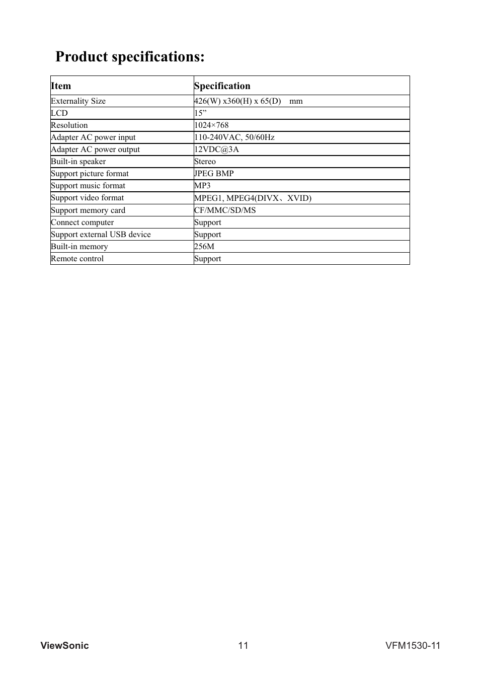 Product specifications | VIEWSONIC VFM1530-11 User Manual | Page 12 / 17