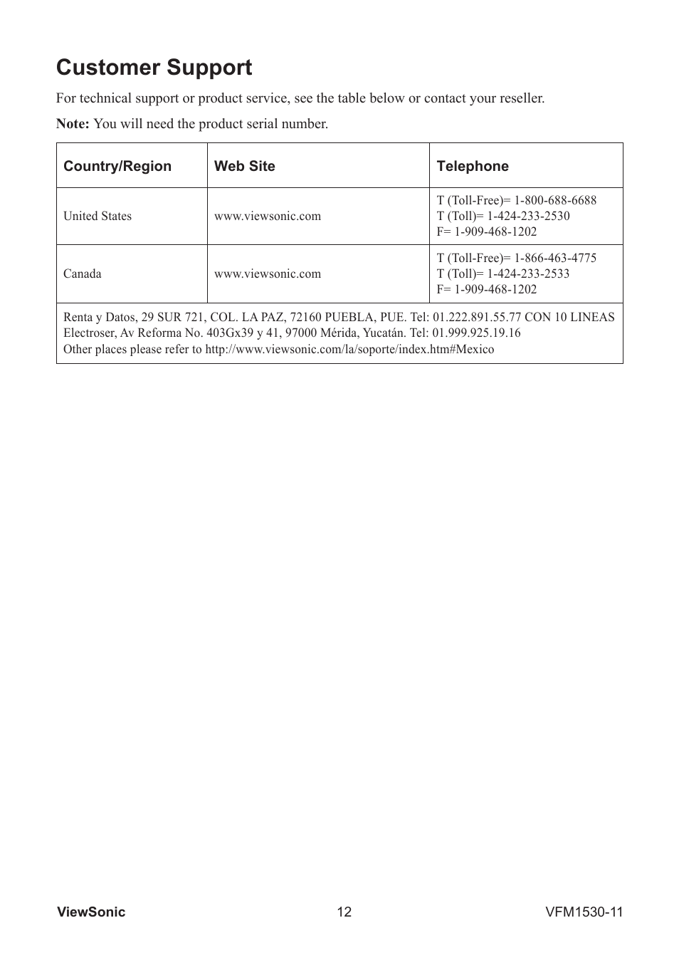 Customer support | VIEWSONIC VFM1530-11 User Manual | Page 13 / 17