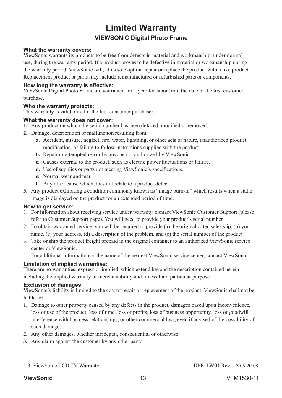 Limited warranty | VIEWSONIC VFM1530-11 User Manual | Page 14 / 17