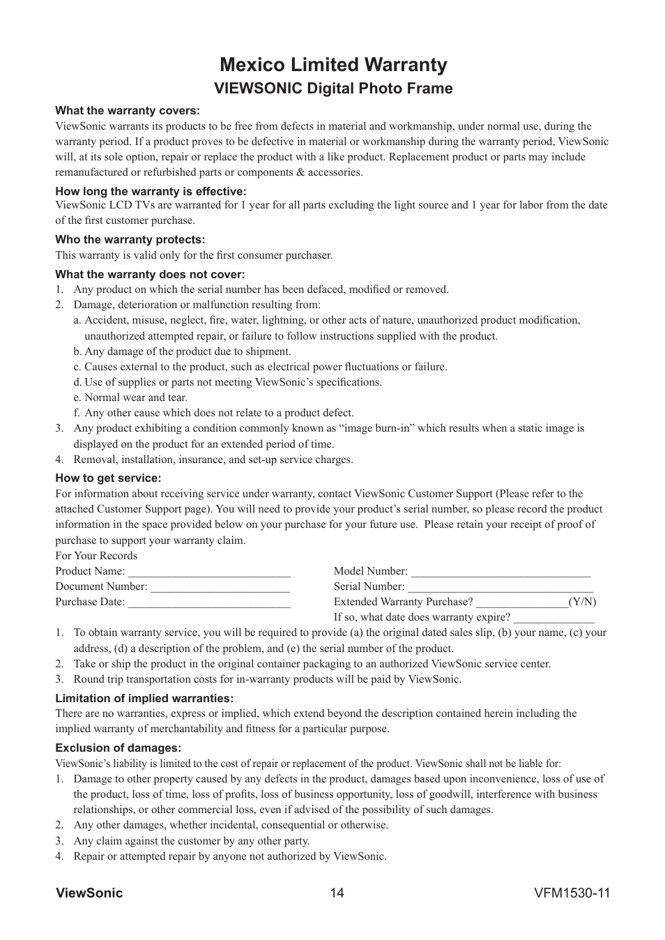 Mexico limited warranty, Viewsonic digital photo frame | VIEWSONIC VFM1530-11 User Manual | Page 15 / 17