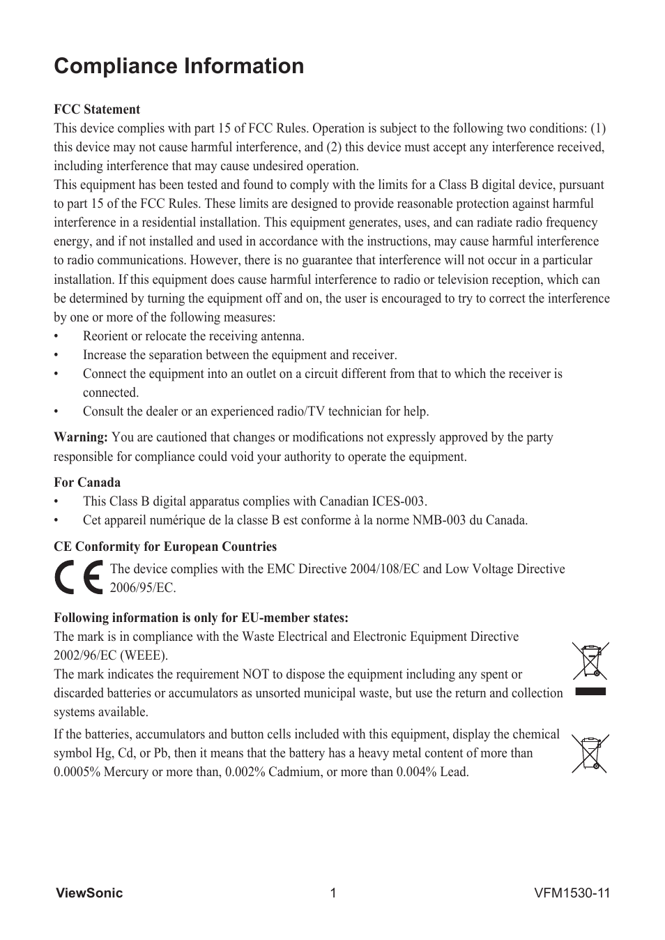 Compliance information | VIEWSONIC VFM1530-11 User Manual | Page 2 / 17