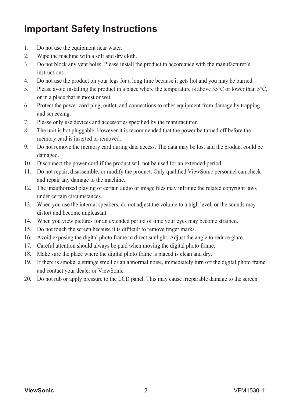 Important safety instructions | VIEWSONIC VFM1530-11 User Manual | Page 3 / 17