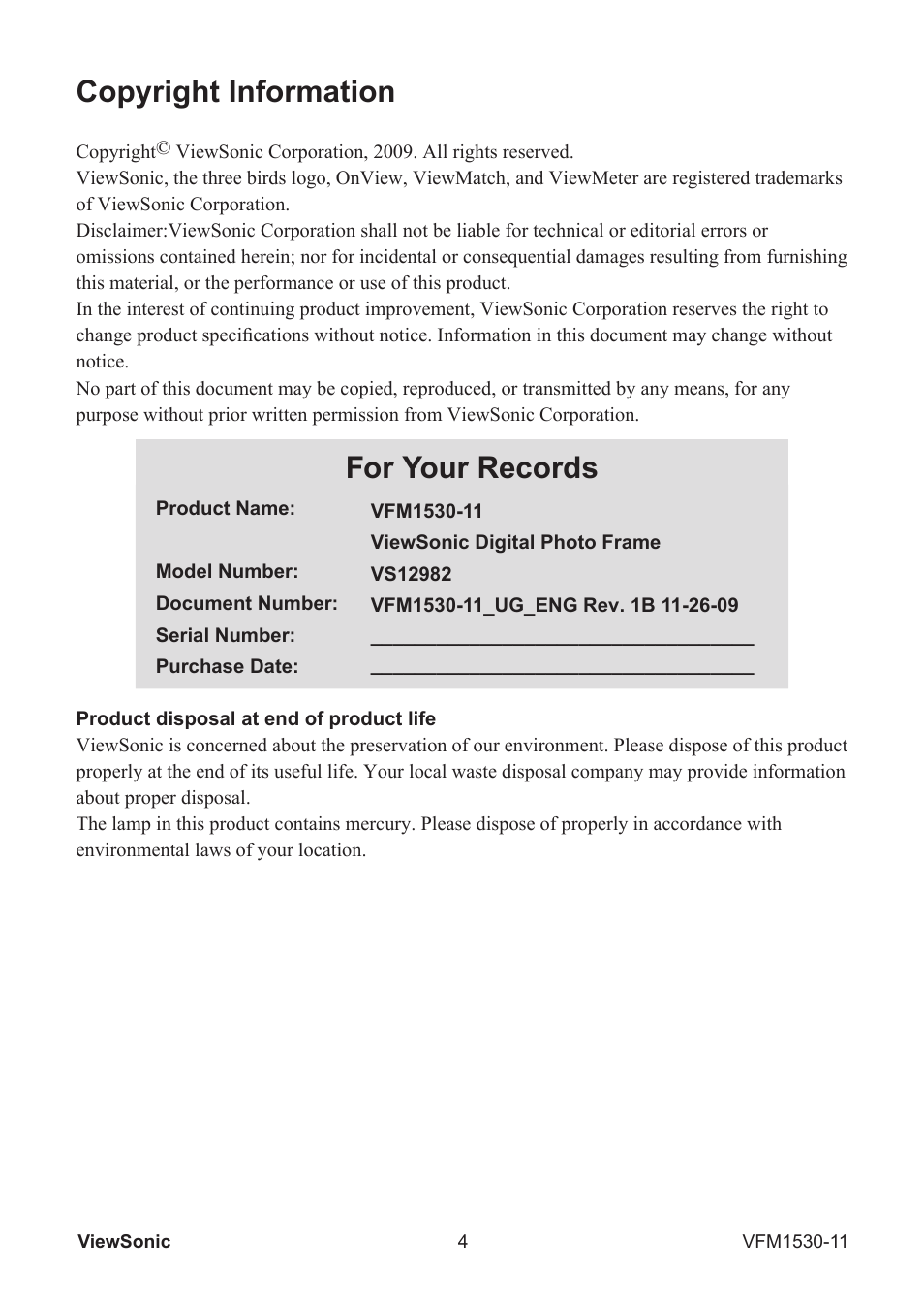 Copyright information, For your records | VIEWSONIC VFM1530-11 User Manual | Page 5 / 17