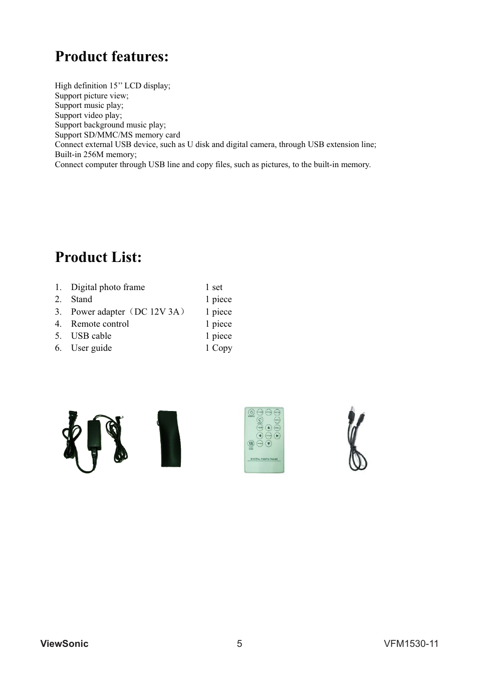 Product features, Product list | VIEWSONIC VFM1530-11 User Manual | Page 6 / 17