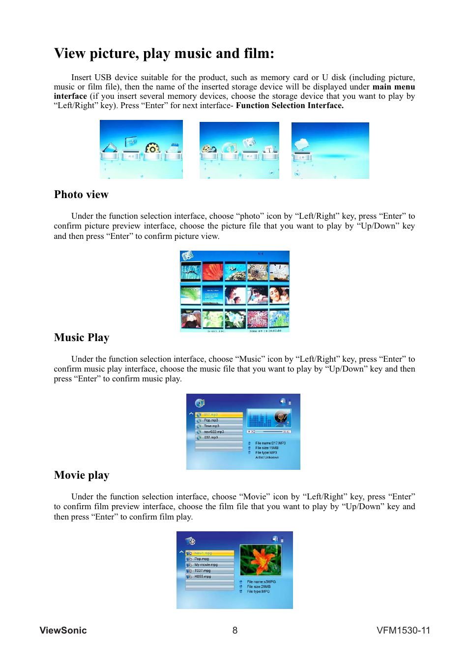 View picture, play music and film, Photo view, Music play | Movie play | VIEWSONIC VFM1530-11 User Manual | Page 9 / 17