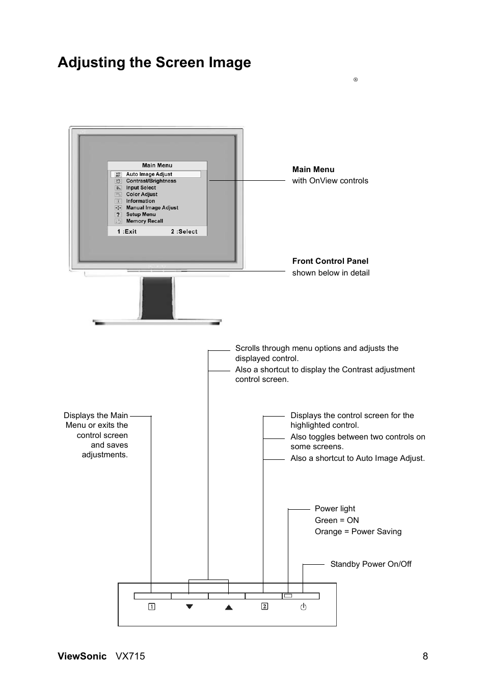Adjusting the screen image | VIEWSONIC VX715 User Manual | Page 10 / 21