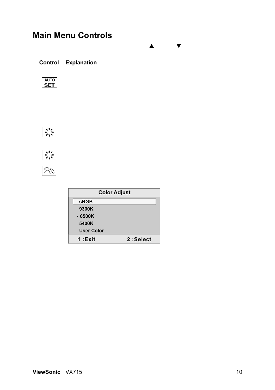 Main menu controls | VIEWSONIC VX715 User Manual | Page 12 / 21