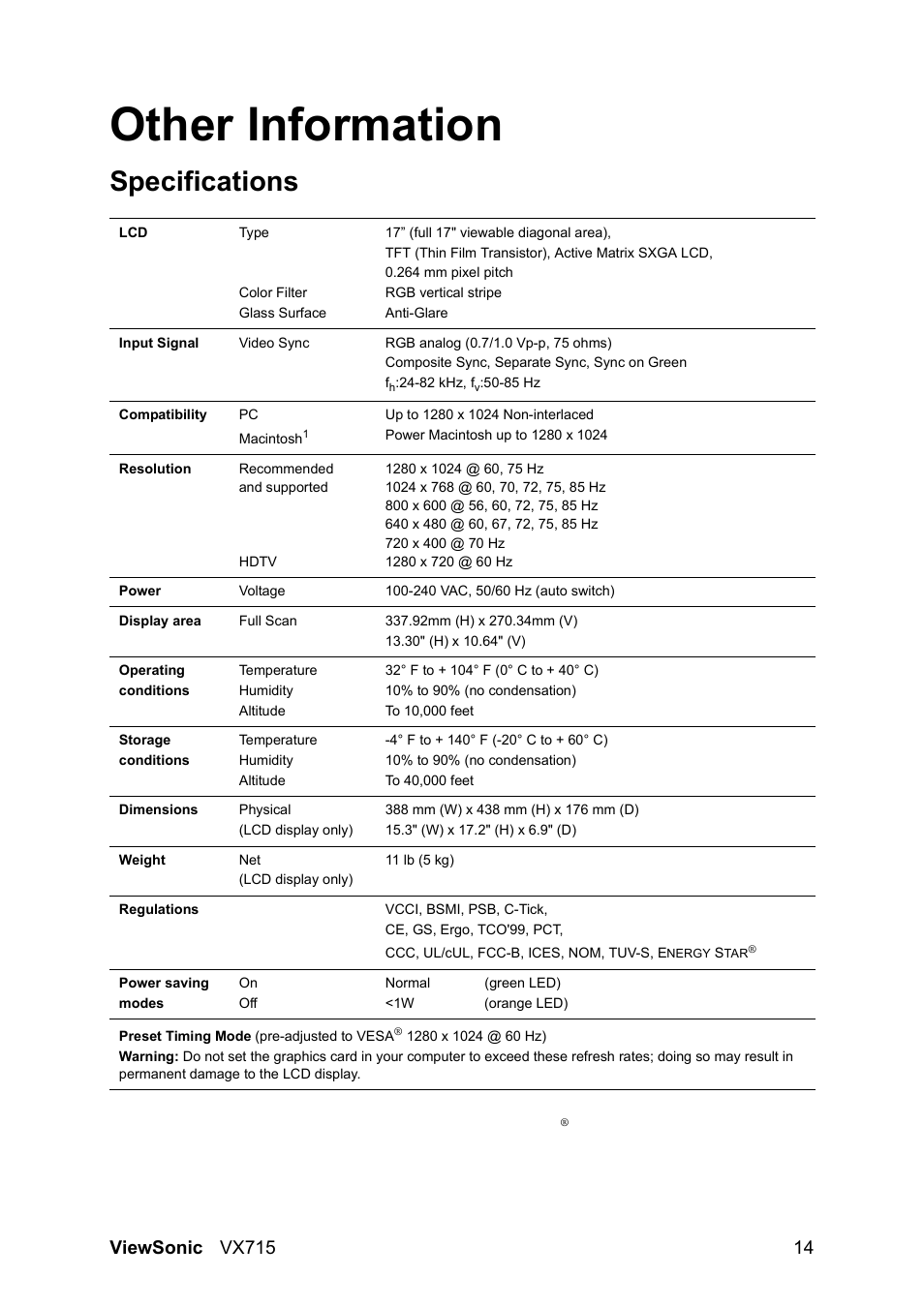 Other information, Specifications | VIEWSONIC VX715 User Manual | Page 16 / 21