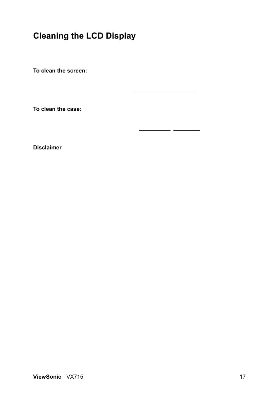Cleaning the lcd display | VIEWSONIC VX715 User Manual | Page 19 / 21