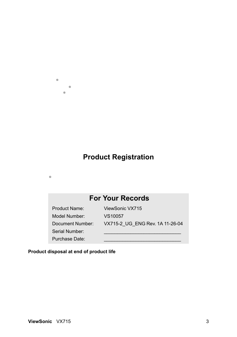 Product registration, For your records | VIEWSONIC VX715 User Manual | Page 5 / 21