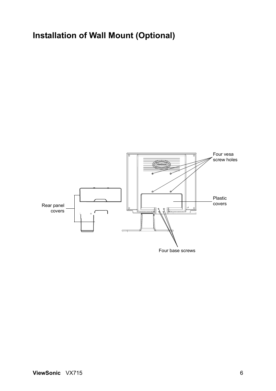 Installation of wall mount (optional) | VIEWSONIC VX715 User Manual | Page 8 / 21