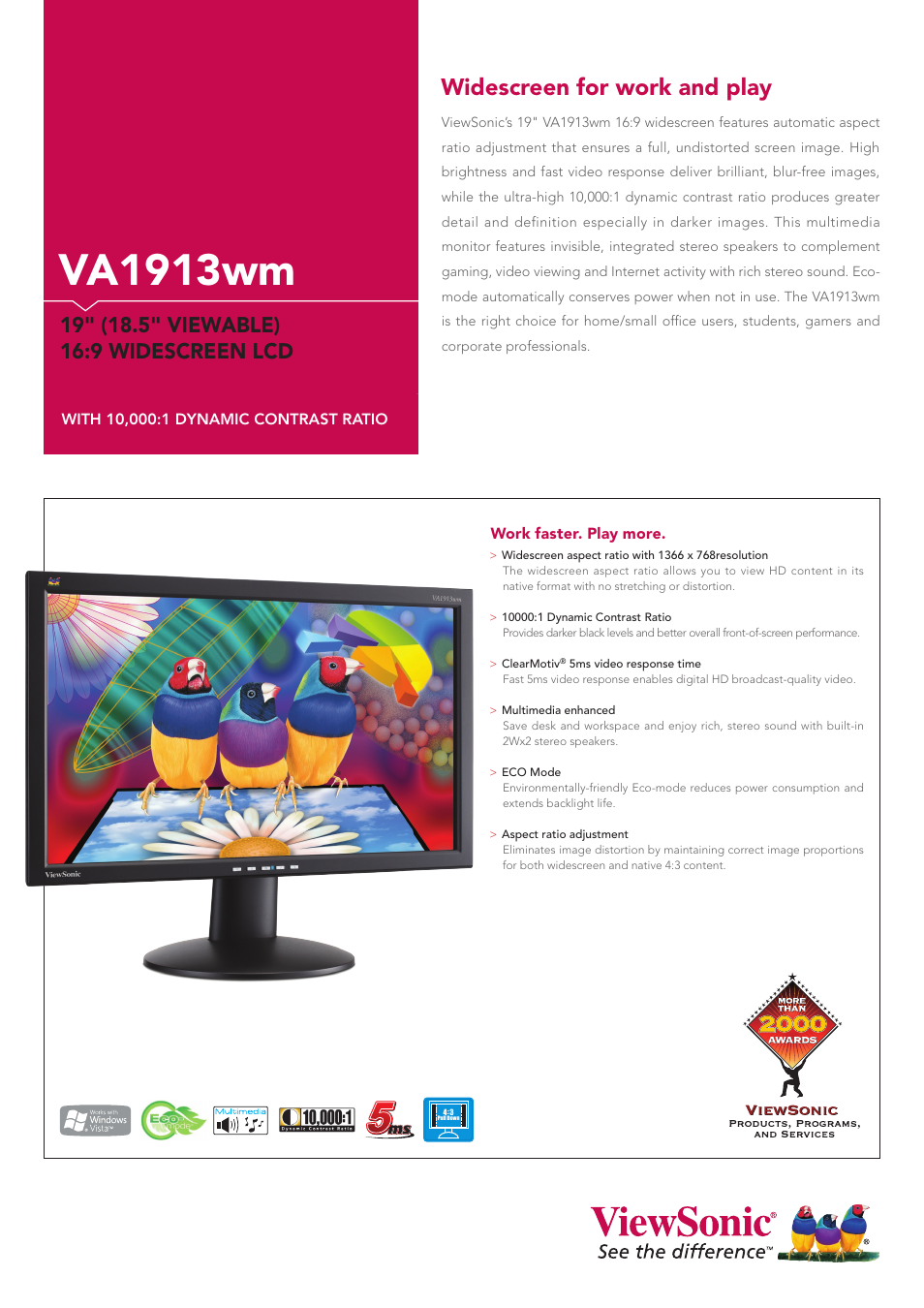 VIEWSONIC 19" Widescreen TV VA1913wm User Manual | 2 pages