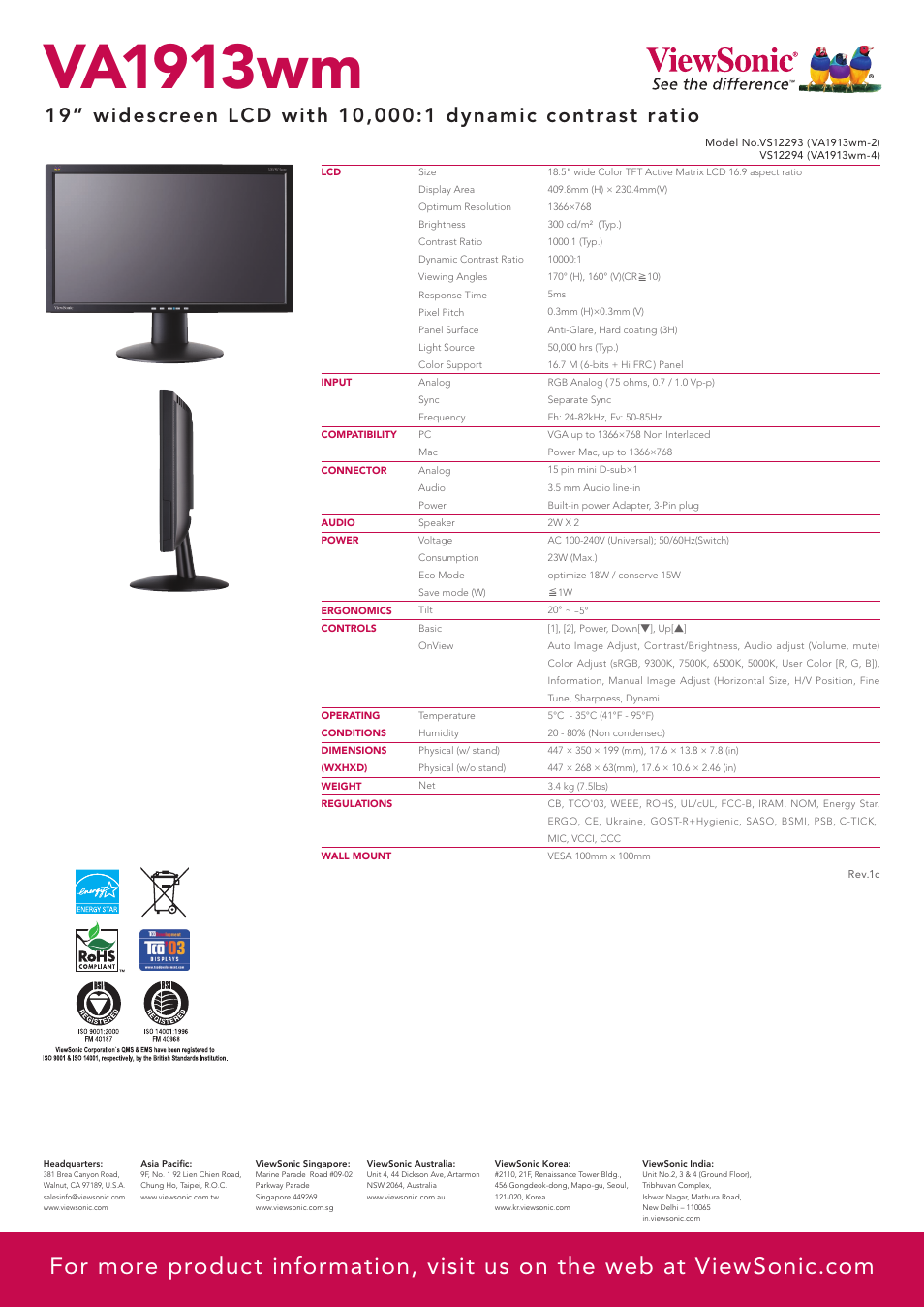 Va1913wm | VIEWSONIC 19" Widescreen TV VA1913wm User Manual | Page 2 / 2