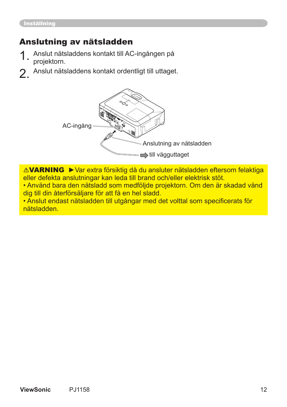 Anslutning av nätsladden | VIEWSONIC VS11459 User Manual | Page 17 / 115