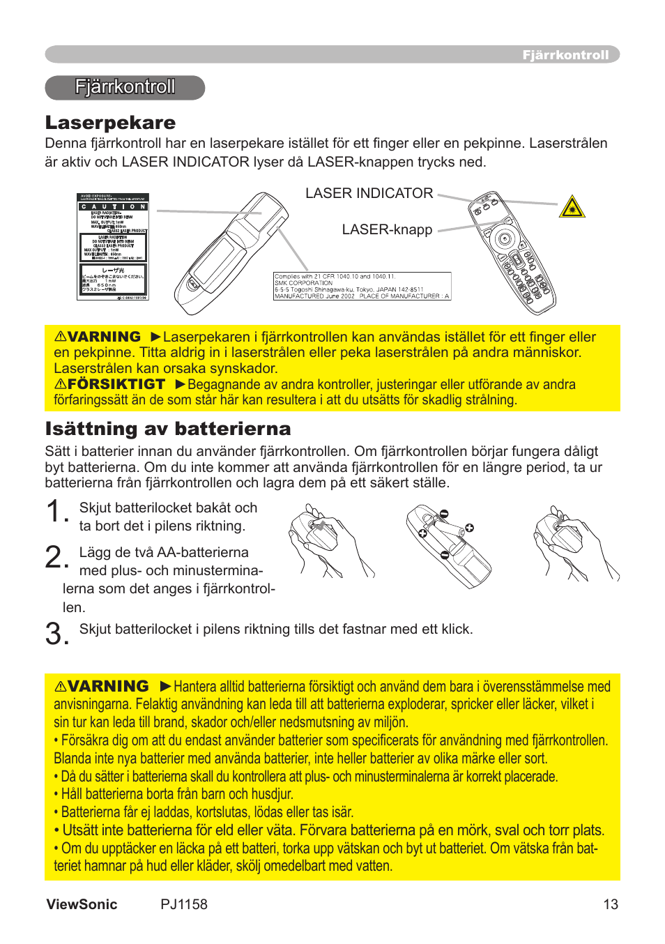Isättning av batterierna, Laserpekare, Fjärrkontroll | VIEWSONIC VS11459 User Manual | Page 18 / 115