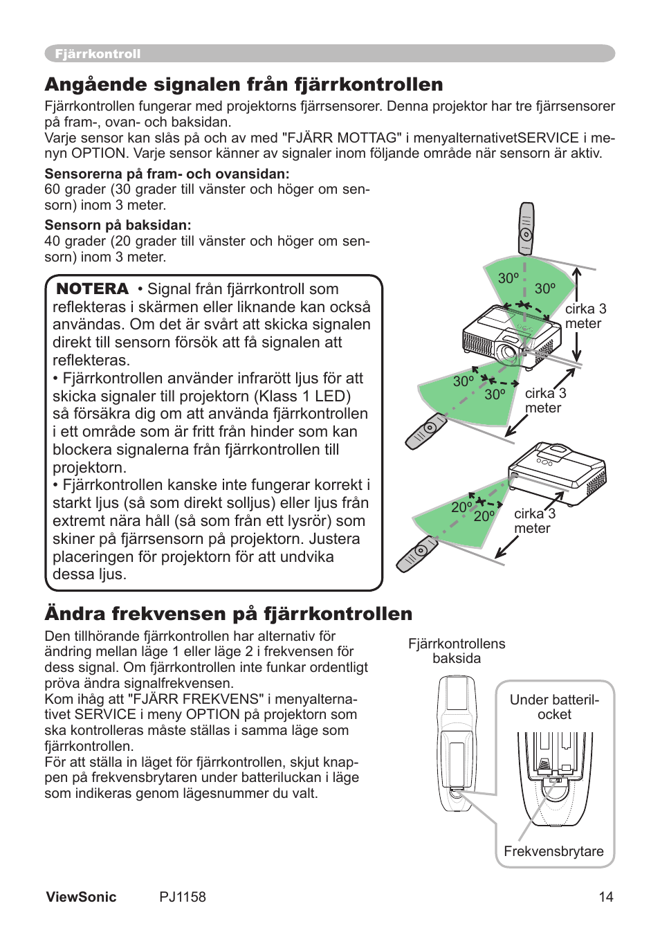 Ändra frekvensen på fjärrkontrollen, Angående signalen från fjärrkontrollen | VIEWSONIC VS11459 User Manual | Page 19 / 115