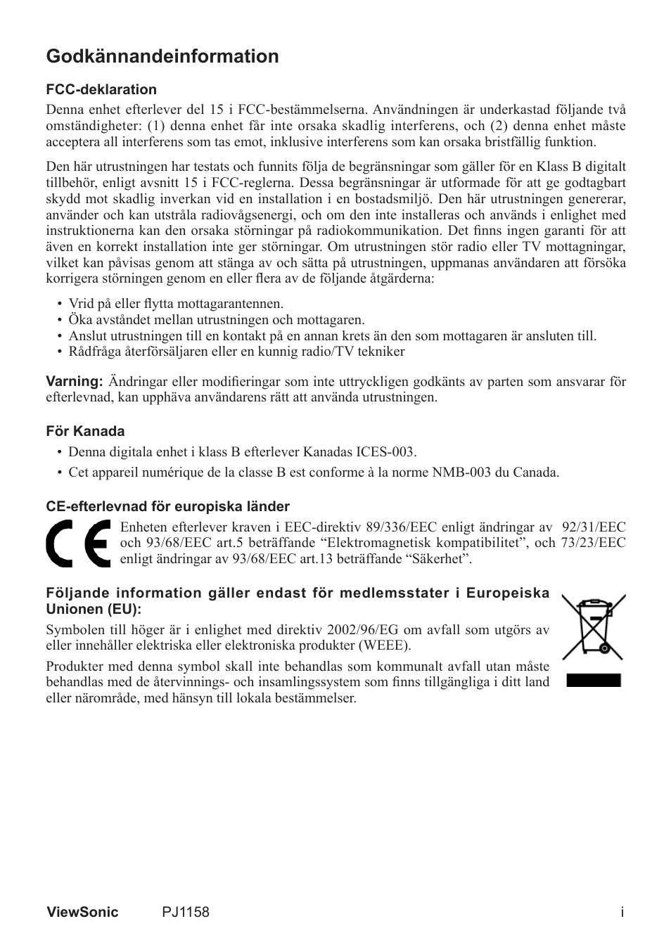 Godkännandeinformation | VIEWSONIC VS11459 User Manual | Page 2 / 115