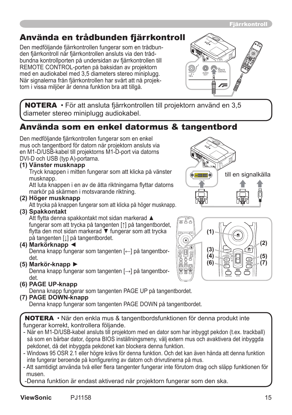 Använda en trådbunden fjärrkontroll, Använda som en enkel datormus & tangentbord, Tll en sgnalkälla | Fjärrkontroll, Blank laser aspec t push ent er laser indica tor, Push | VIEWSONIC VS11459 User Manual | Page 20 / 115