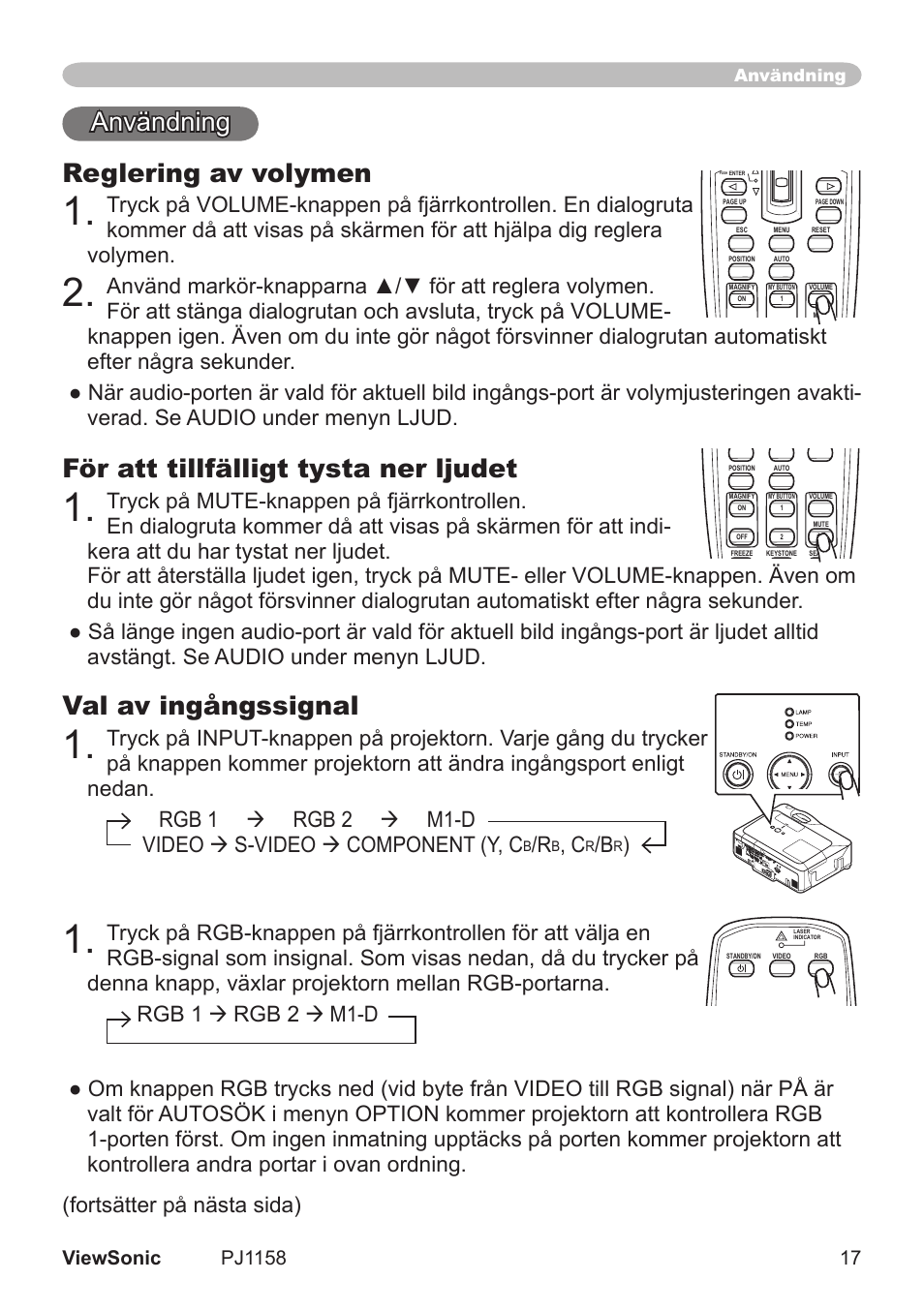 Användnng reglering av volymen, För att tillfälligt tysta ner ljudet, Val av ingångssignal | Fortsätter på nästa sda), Användning | VIEWSONIC VS11459 User Manual | Page 22 / 115
