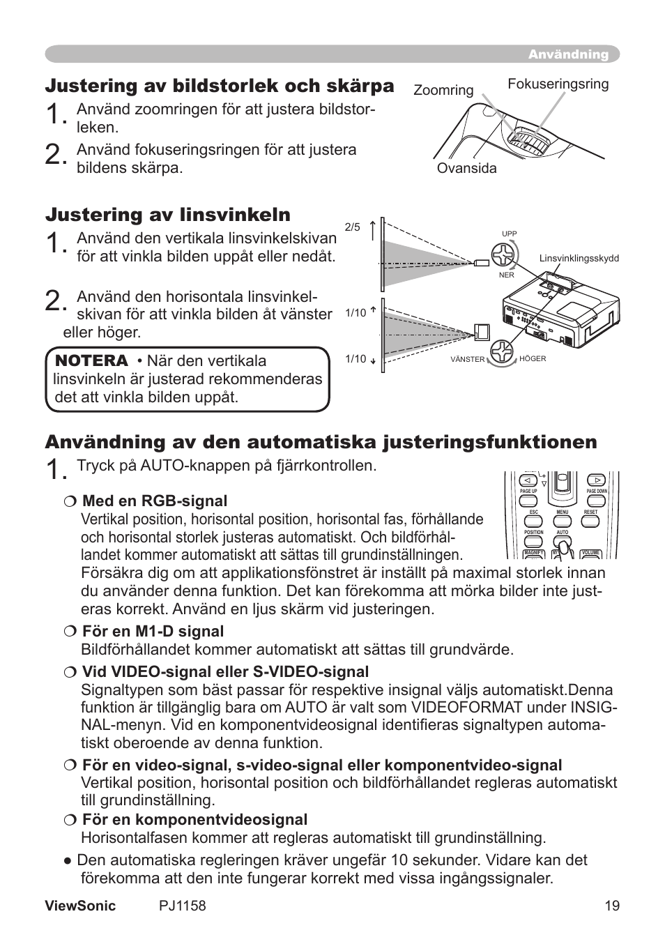 Justering av bildstorlek och skärpa, Justering av linsvinkeln, Användning av den automatiska justeringsfunktionen | Använd zoomrngen för att justera bldstor- leken | VIEWSONIC VS11459 User Manual | Page 24 / 115