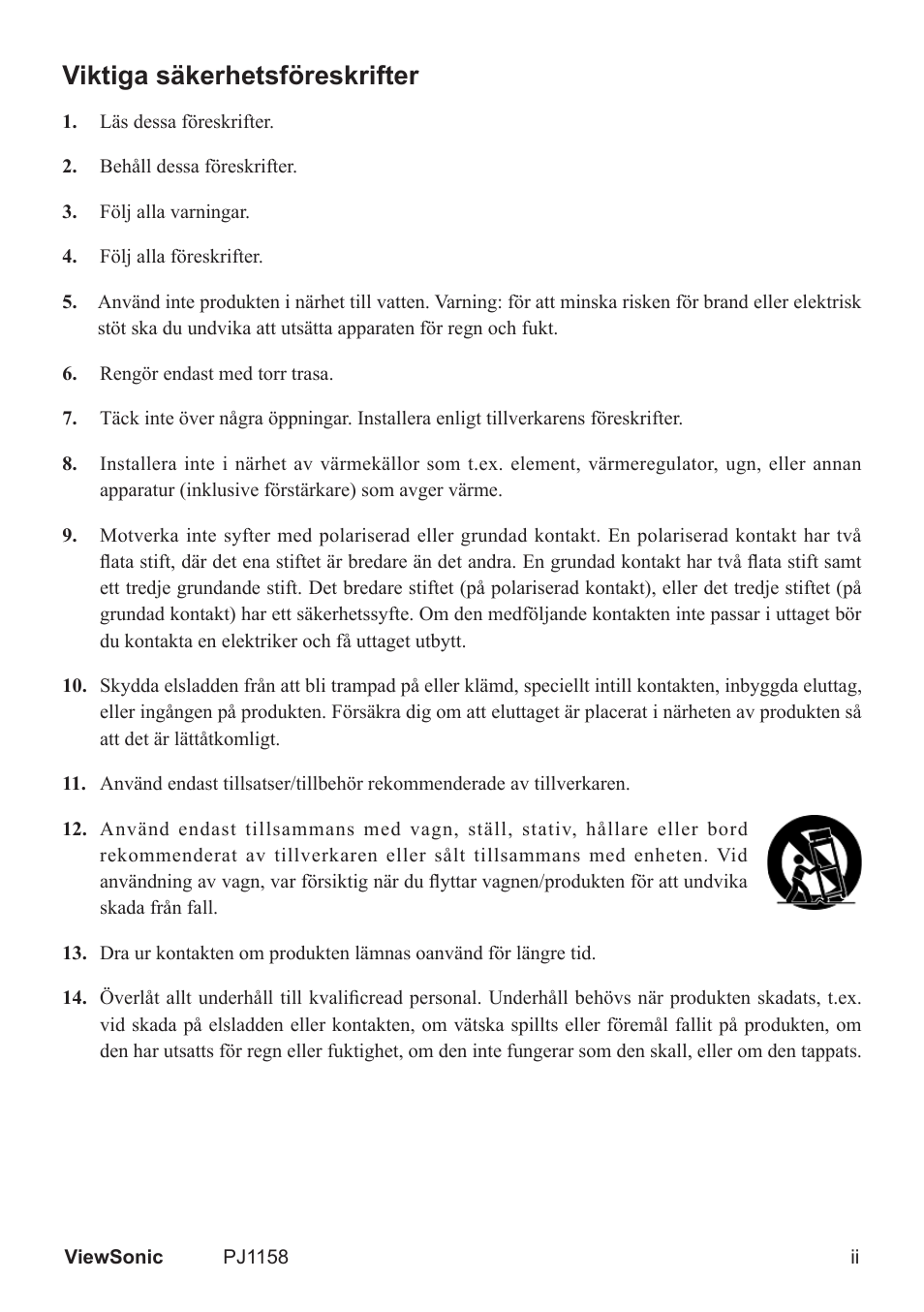 Viktiga säkerhetsföreskrifter | VIEWSONIC VS11459 User Manual | Page 3 / 115