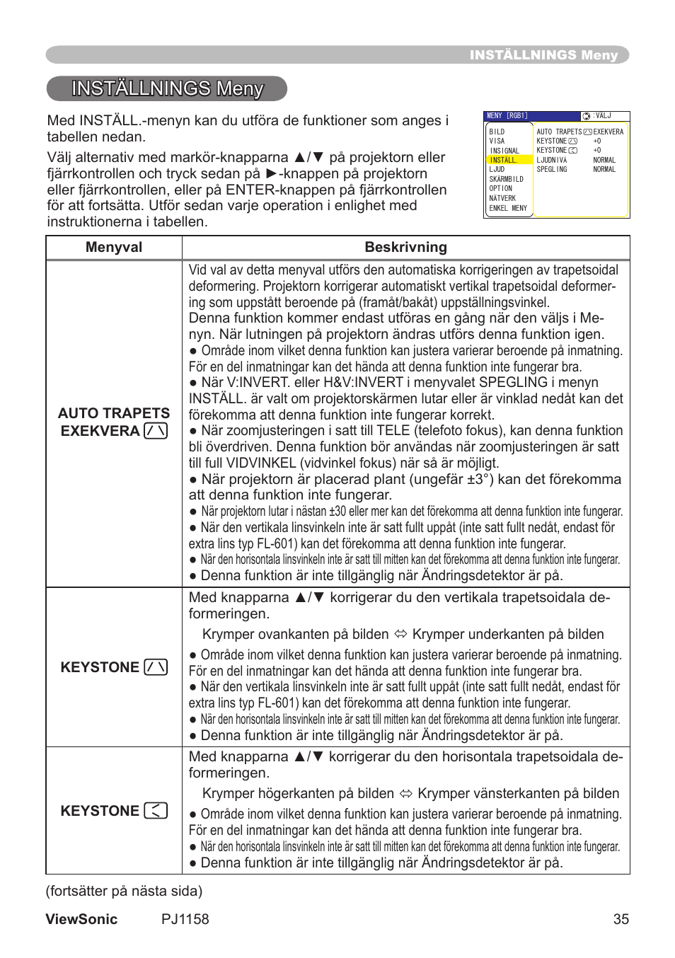 Inställnings meny | VIEWSONIC VS11459 User Manual | Page 40 / 115