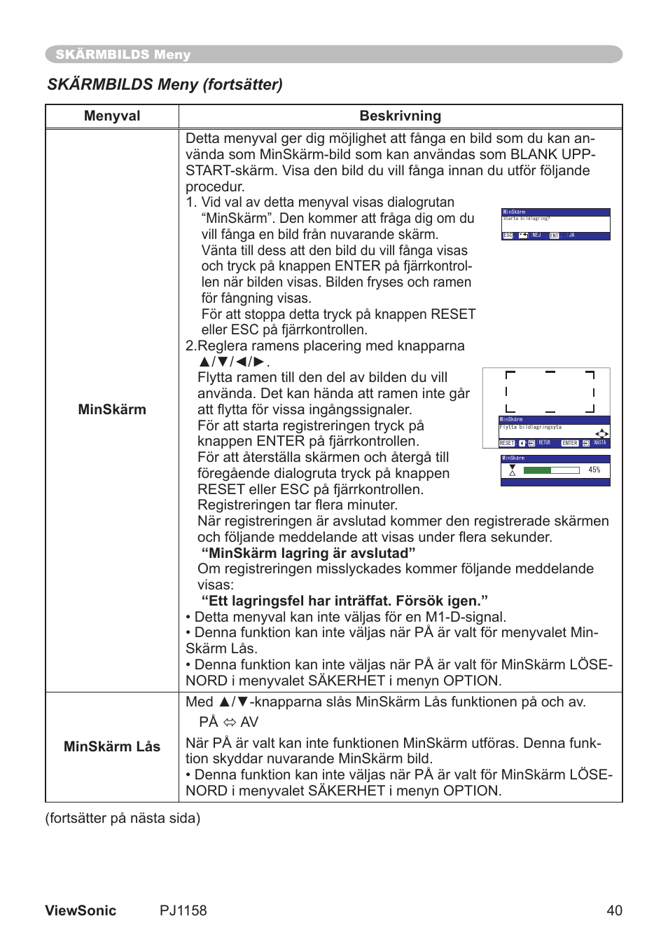 Skärmbilds meny (fortsätter) | VIEWSONIC VS11459 User Manual | Page 45 / 115