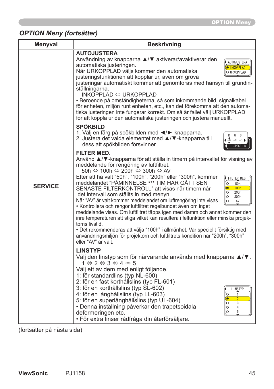 Option meny (fortsätter) | VIEWSONIC VS11459 User Manual | Page 50 / 115