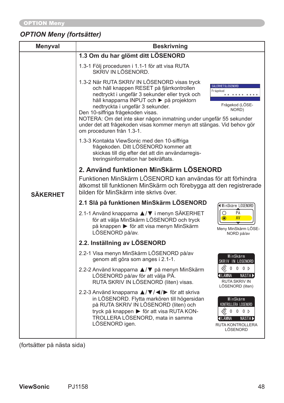 Använd funktionen minskärm lösenord, Option meny (fortsätter) | VIEWSONIC VS11459 User Manual | Page 53 / 115