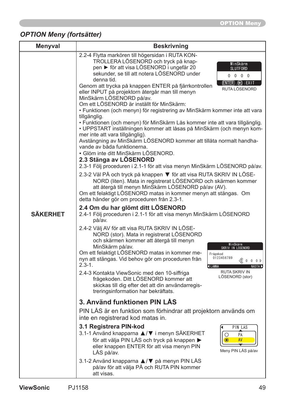 Använd funktionen pin lås, Option meny (fortsätter) | VIEWSONIC VS11459 User Manual | Page 54 / 115