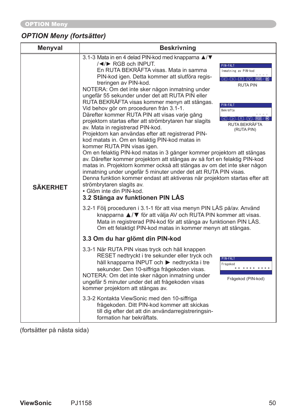 Option meny (fortsätter) | VIEWSONIC VS11459 User Manual | Page 55 / 115