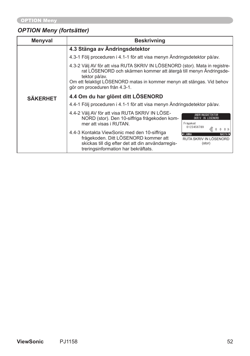 Option meny (fortsätter) | VIEWSONIC VS11459 User Manual | Page 57 / 115