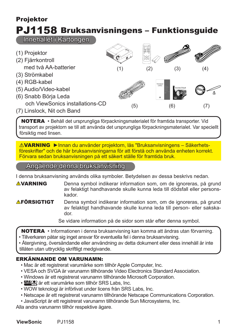 Pj1158, Bruksanvisningens – funktionsguide, Innehållet  kartongen | Angående denna bruksanvsnng, Projektor | VIEWSONIC VS11459 User Manual | Page 6 / 115