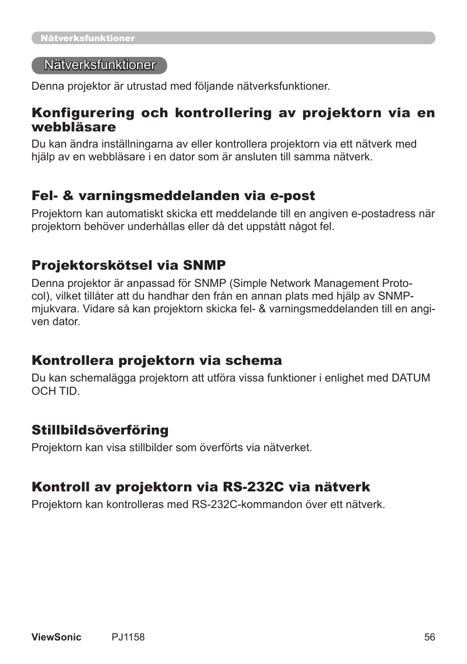 Fel- & varningsmeddelanden via e-post, Projektorskötsel via snmp, Kontrollera projektorn via schema | Stillbildsöverföring, Kontroll av projektorn via rs-232c via nätverk | VIEWSONIC VS11459 User Manual | Page 61 / 115