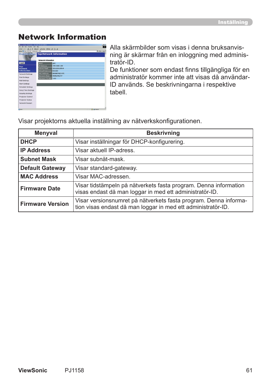 Network information | VIEWSONIC VS11459 User Manual | Page 66 / 115