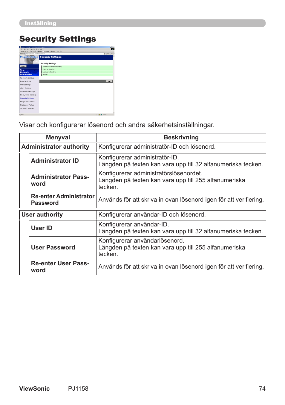 Security settings | VIEWSONIC VS11459 User Manual | Page 79 / 115