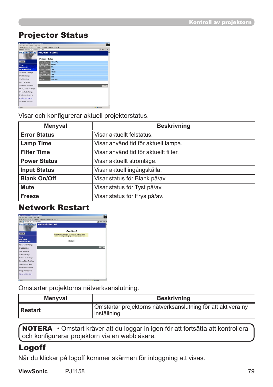 Projector status, Network restart, Logoff | VIEWSONIC VS11459 User Manual | Page 84 / 115