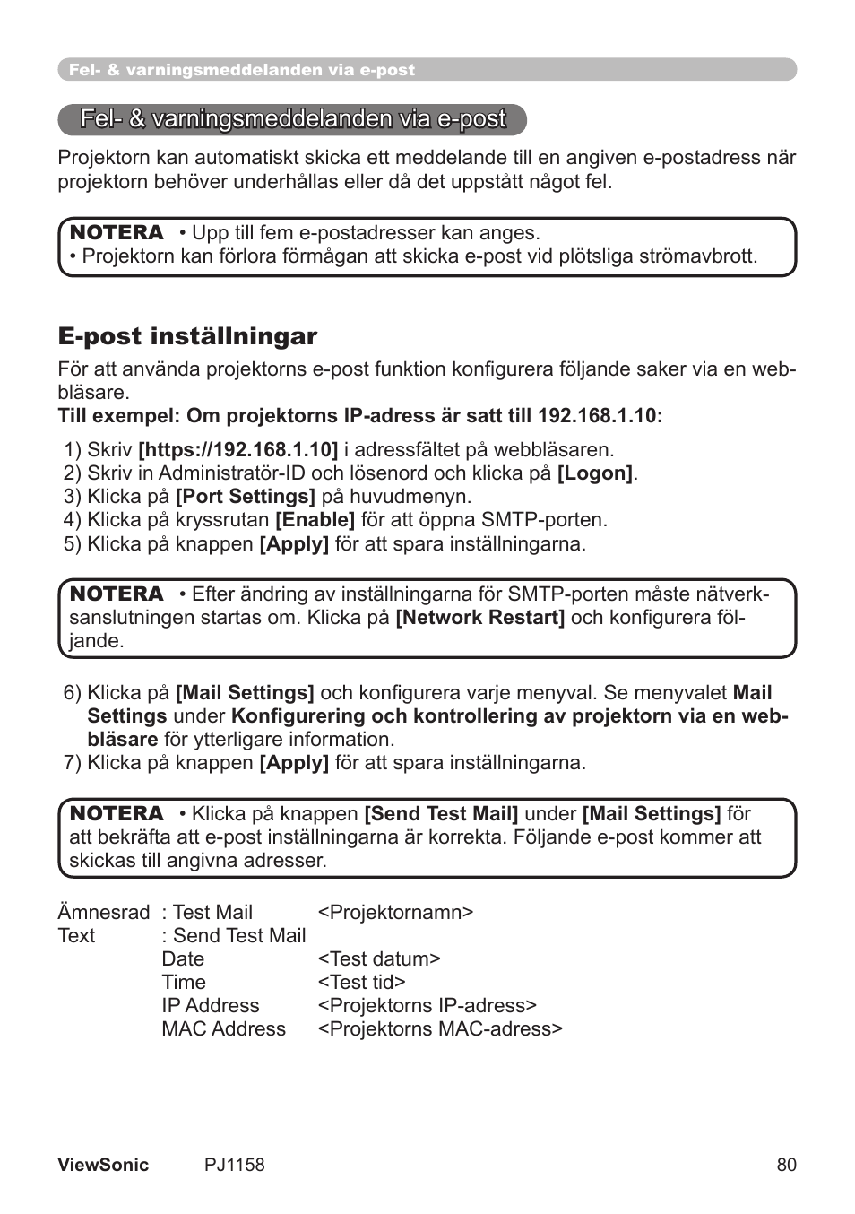 Fel- & varnngsmeddelanden va e-post, E-post inställningar | VIEWSONIC VS11459 User Manual | Page 85 / 115