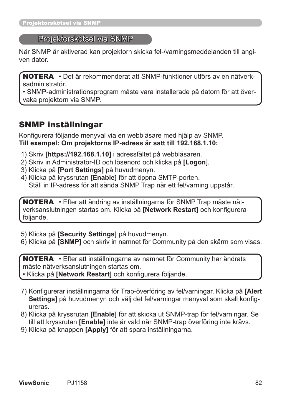 Projektorskötsel va snmp, Snmp inställningar | VIEWSONIC VS11459 User Manual | Page 87 / 115